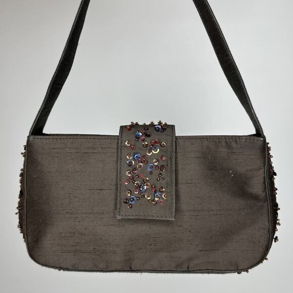Vintage Y2K Ann Taylor Brown Sequin Baguette Shoulder Bag Carrie Bradshaw - Picture 3 of 16